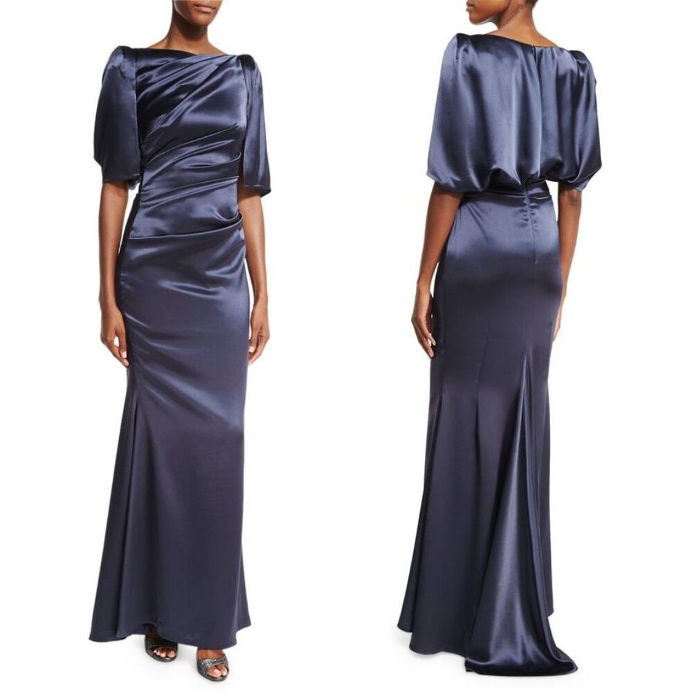 Talbot Runhof Lobata Midnight Draped Satin Gown